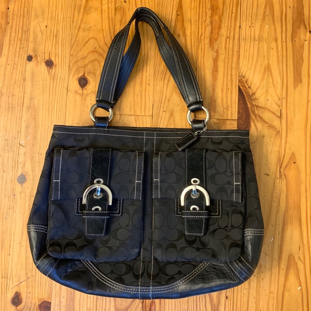 Coach black leather and print tote